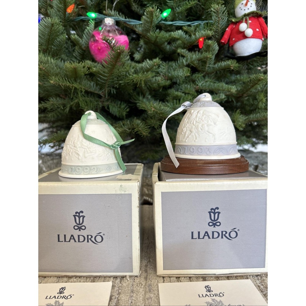 Lladro Christmas Bells 1992 1993 Spain Porcelain Blue Green Embossed Poinsettia